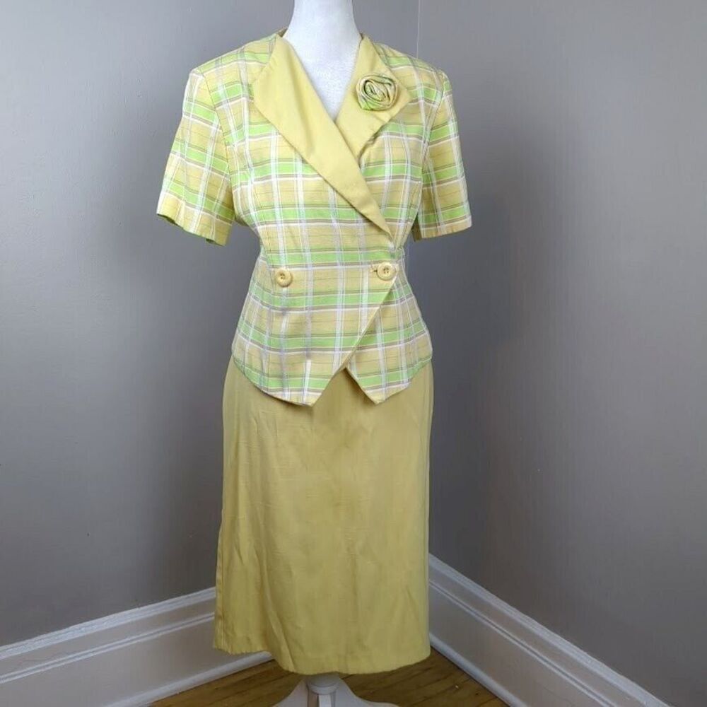 Vintage 90s Sweet Suit Skirt Suit Set Yellow Plaid Twee Office Bright Size 12